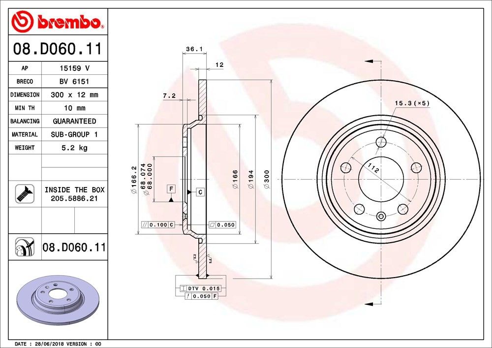 Premium UV Coated Rear Brake Rotor Brembo 205-08.D060.11