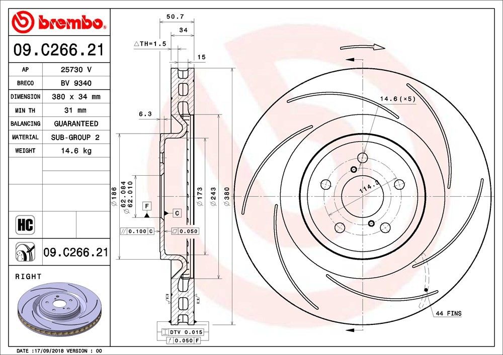 Premium UV Coated Front Right Brake Rotor Brembo 205-09.C266.21