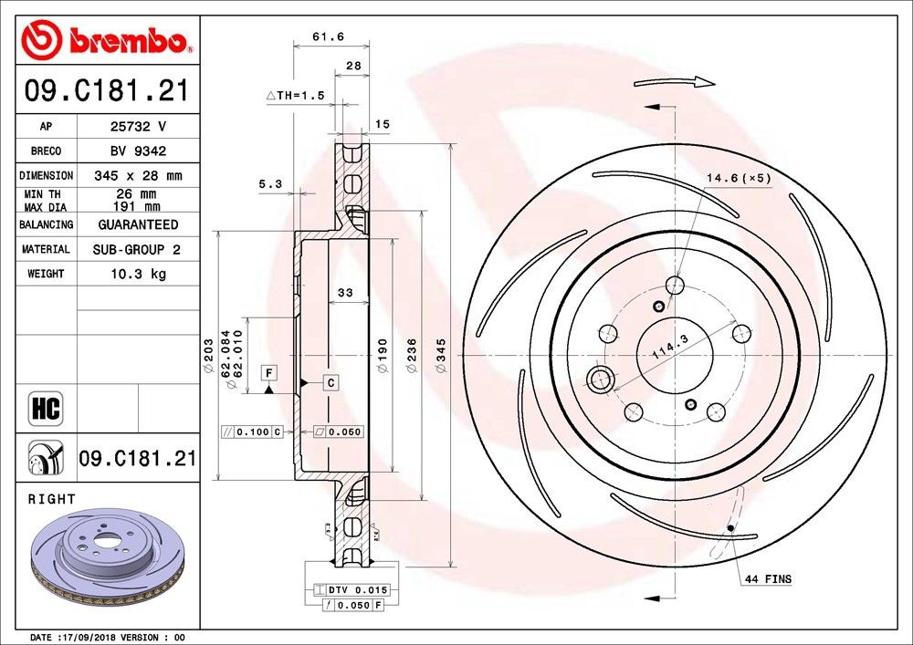 Premium UV Coated Rear Right Brake Rotor Brembo 205-09.C181.21
