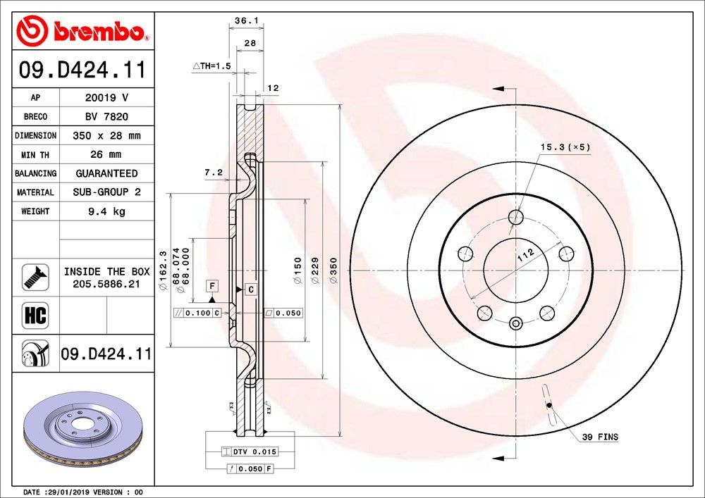 Premium UV Coated Rear Brake Rotor Brembo 205-09.D424.11