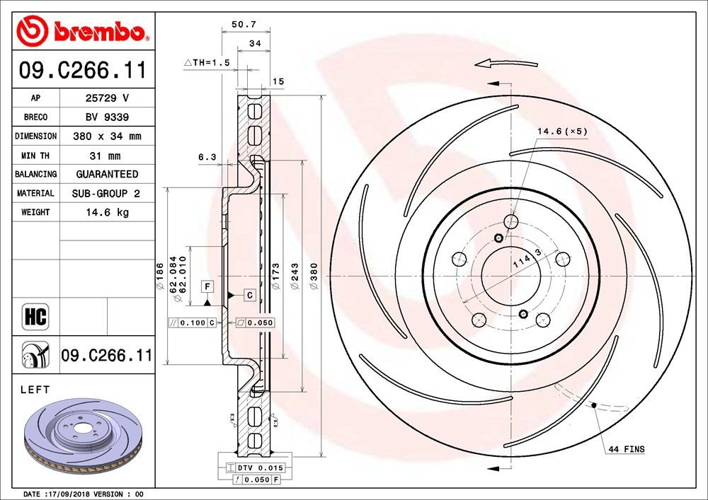Premium UV Coated Front Left Brake Rotor Brembo 205-09.C266.11
