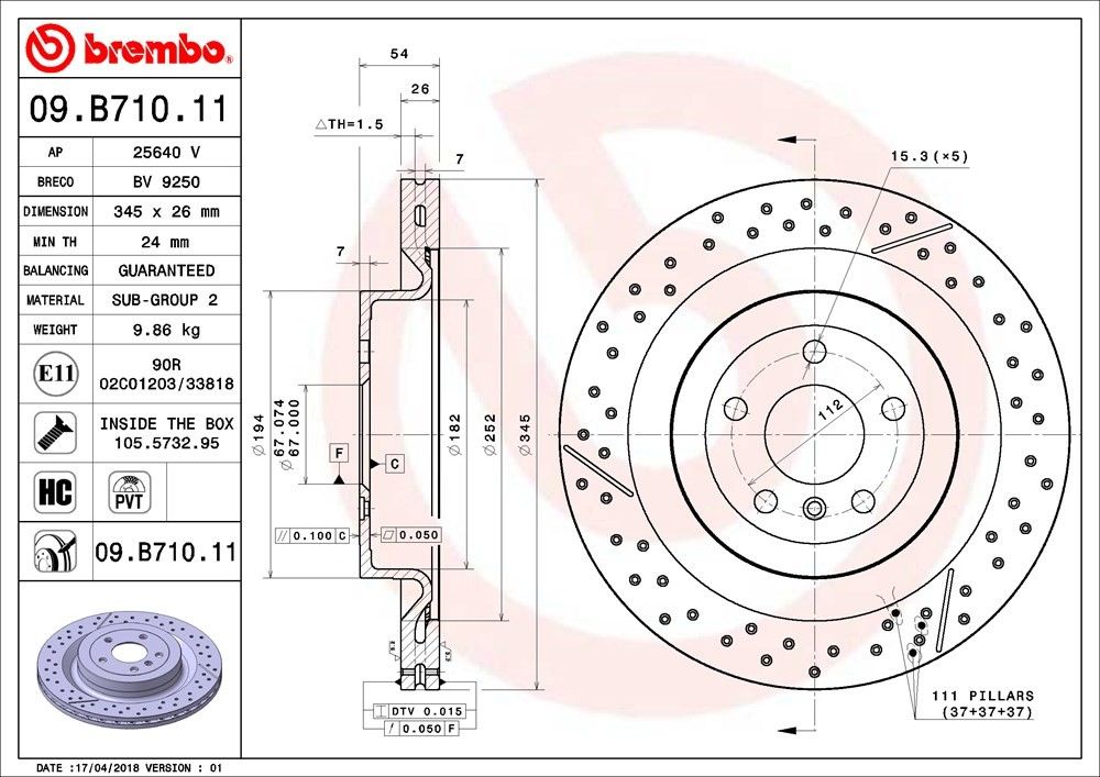 Premium UV Coated Rear Brake Rotor Brembo 205-09.B710.11