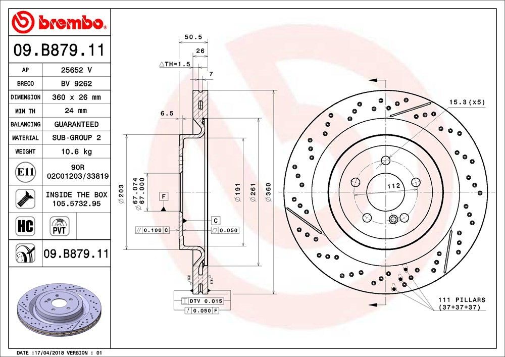 Premium UV Coated Rear Brake Rotor Brembo 205-09.B879.11