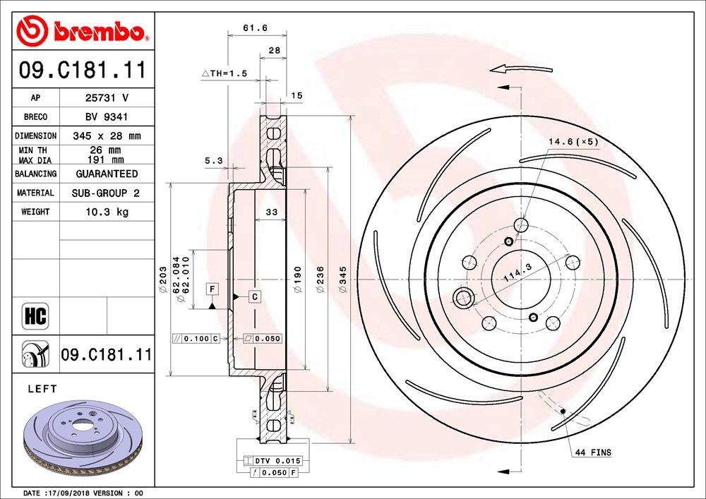 Premium UV Coated Rear Left Brake Rotor Brembo 205-09.C181.11