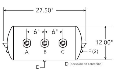 Air Tank, 12" Diameter, 3/4" (3) Main Ports, 3/8" (2) End Ports, 2596 cu in