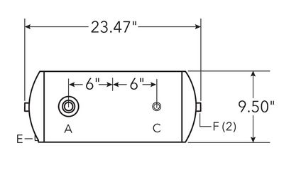 Air Tank, 9.5" Diameter, 3/4" & 3/8" Main Ports, 3/8" (2) End Ports, Side Drain Port, 1490 cu in