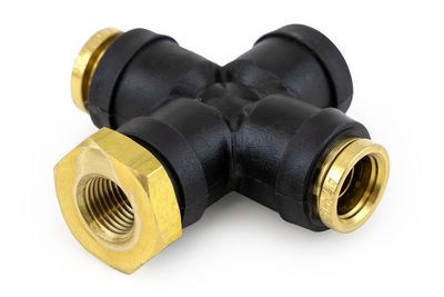 4-Way PLC Fitting. 3/8"x3/8"x5/32" Tube x 1/8" Pipe
