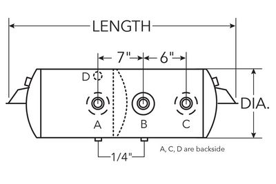 Air Tank, 12" Diameter, 1/2" (3) Main Ports, 1/2" (2) End Ports, 2717 cu in