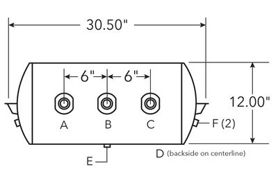 Air Tank, 12" Diameter, 3/4" (3) Main Ports, 3/8" (2) End Ports, 2932 cu in